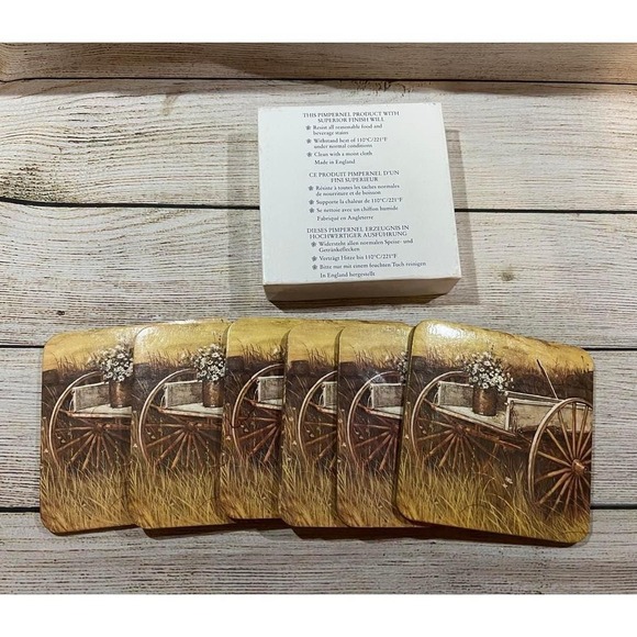 Pimpernel Other - Lot of 6 Pimpernel Coasters Wood Wagon Wheel Flowers Country Farm England TubH2